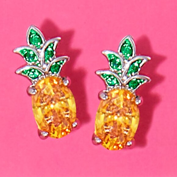 Pineapple Stud Earrings with Pink and Green Gemstone - Picture 1 of 8